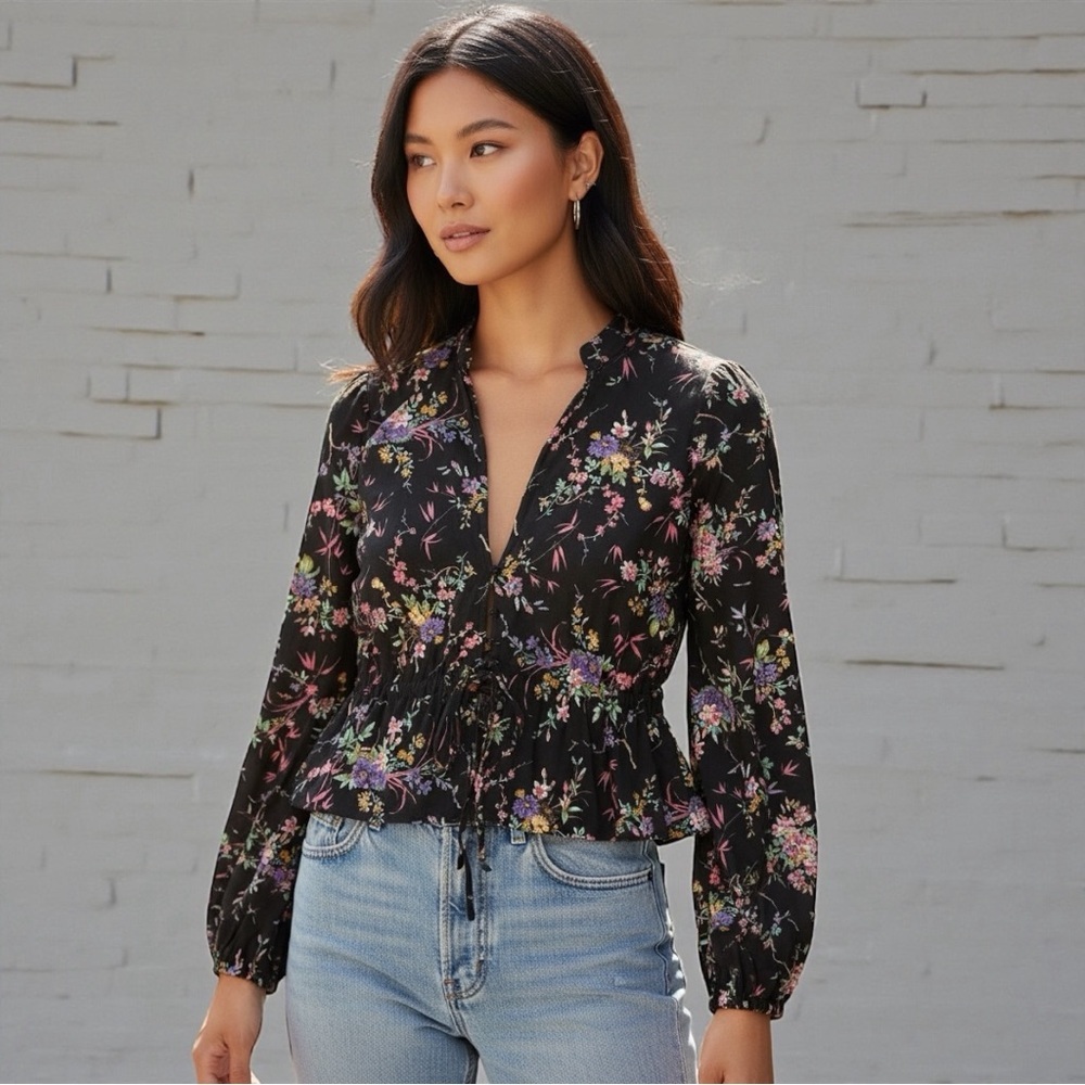 Rolla's Women's Ella Meadow Hook And Eye Floral Blouse In Black Size Large